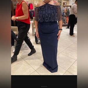 Xscape Navy Beaded Flutter Sleeve Halter Maxi Gown